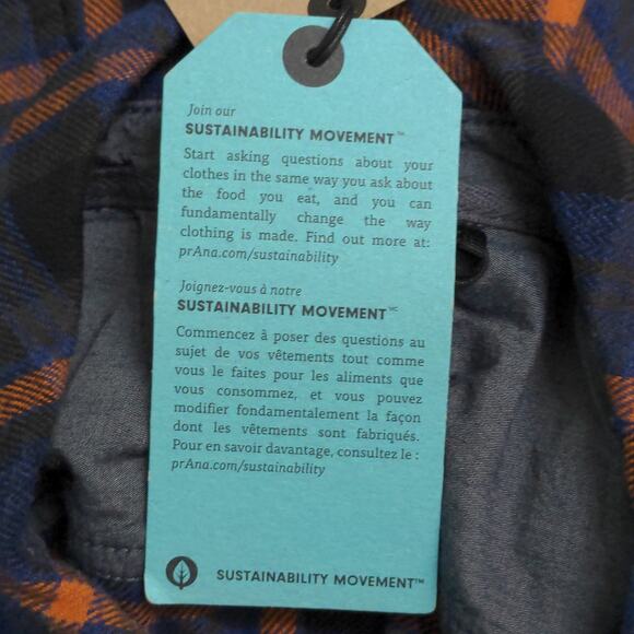 Prana Golden Canyon Flannel Rich Sapphire Plaid Layer Snaps Pocket Organic M New - Picture 14 of 16